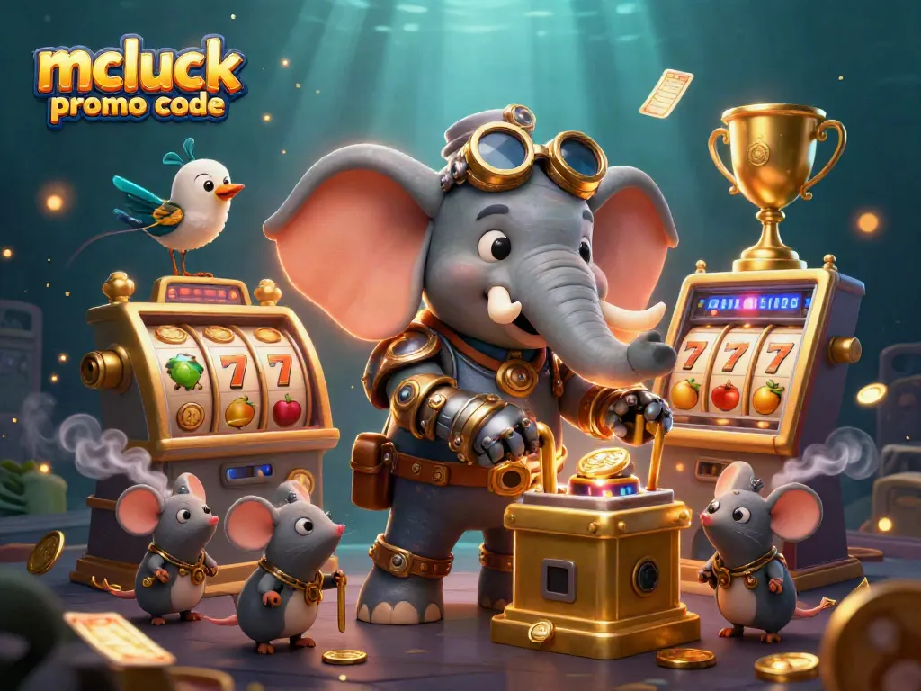 Spin to win with McLuck promo code, featuring steampunk elephant at golden slots.