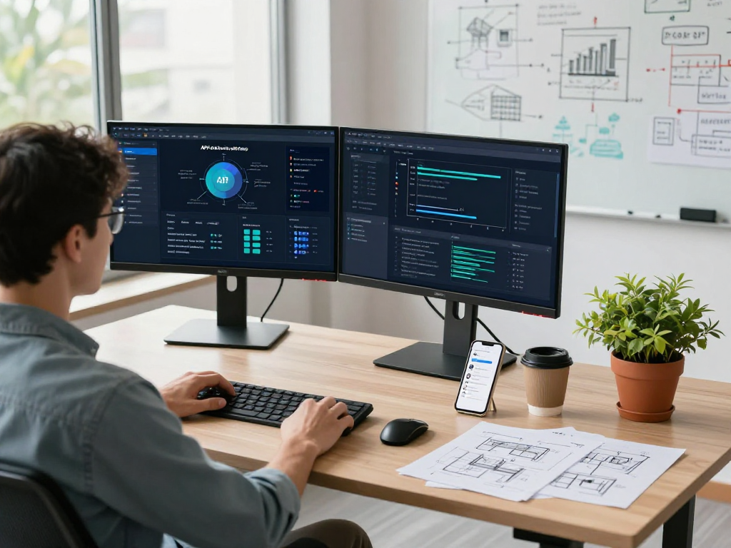 Waygrid API management dashboard displayed in a modern office workspace with a software engineer focused on productivity.