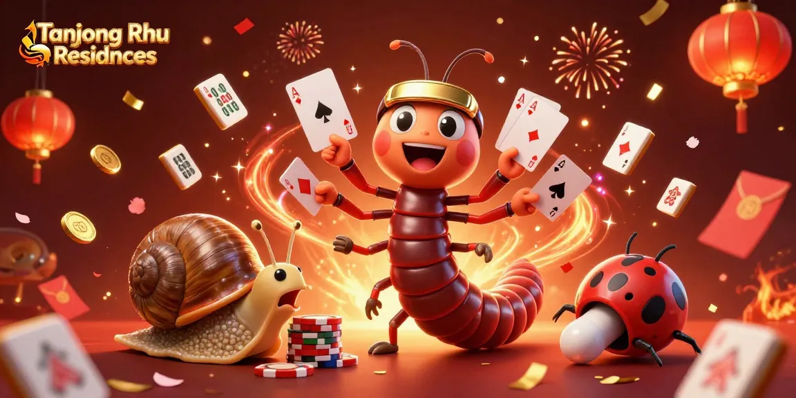 Tanjong Rhu Residences showcases a playful casino scene, featuring a millipede dealer with cards, a snail high-roller, and festive game elements.