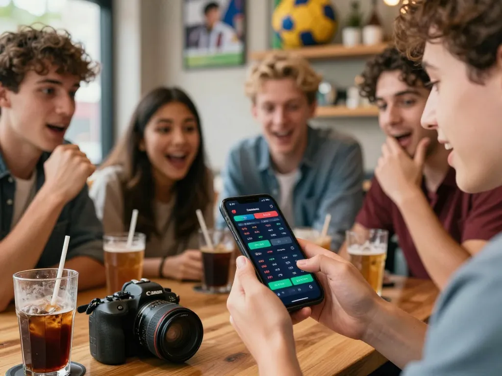 Engaging mobile sports betting experience at MB88 with hands holding smartphone showing live odds in a dynamic cafe setting