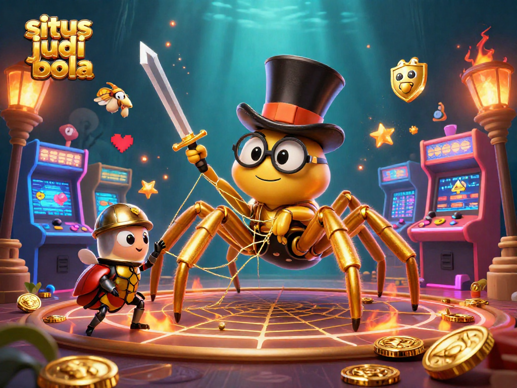 Engage in situs judi bola with a vibrant scene featuring a golden tarantula weaving magic among casino pillars.