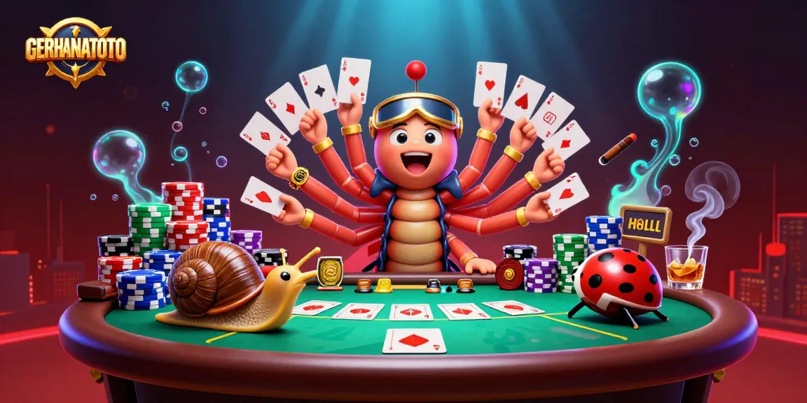 GERHANATOTO menampilkan dealer kartun 3D yang mengagumkan di meja poker dengan tumpukan chip besar.