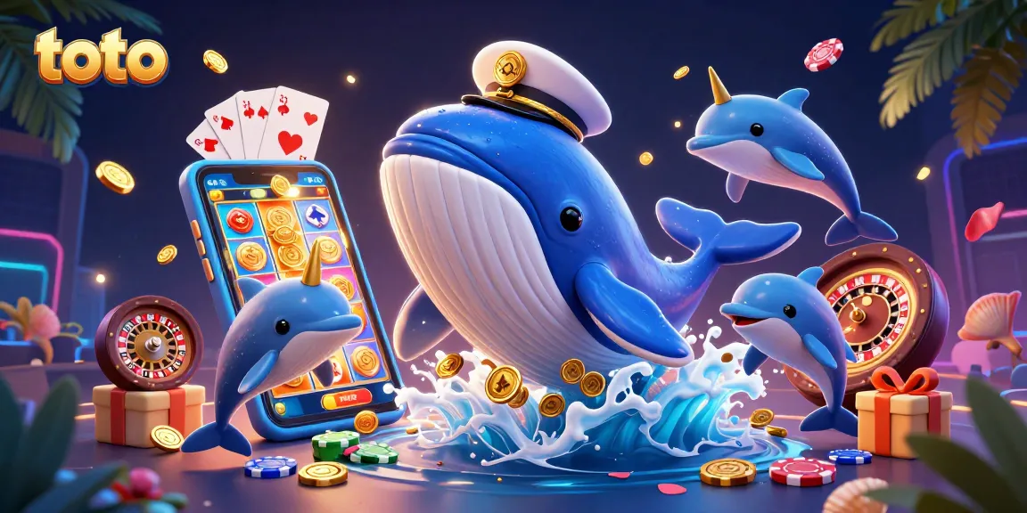 Experience thrilling toto gaming with a cartoon whale and dolphins in a vibrant casino world.