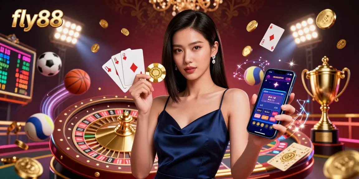 Engage with fly88's thrilling casino experience through a vibrant 3D illustration showcasing a confident player holding a golden chip and smartphone.