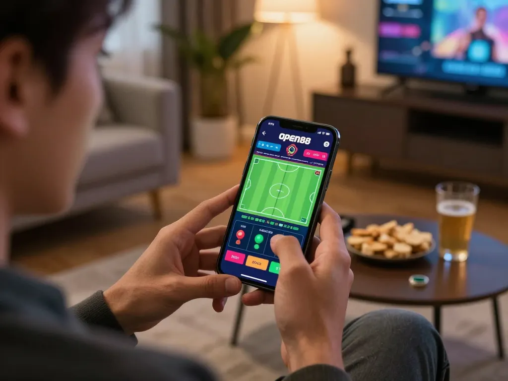 Engaged player using open88 app to place bets during online gaming session in cozy home.