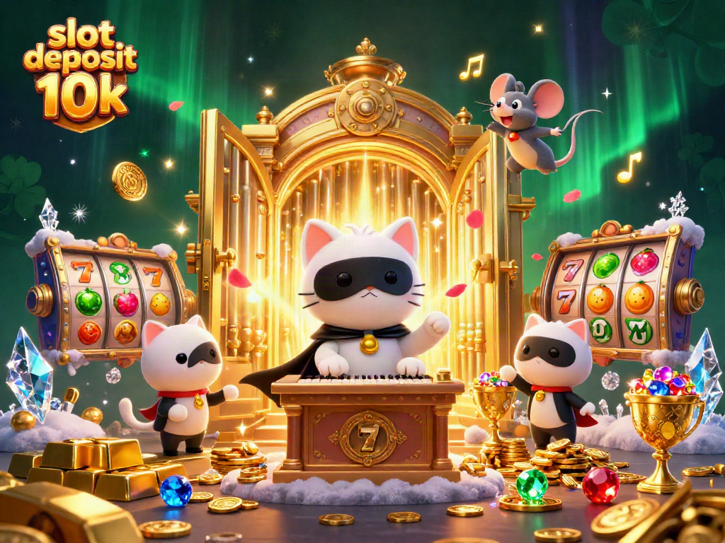 Spin and win with slot deposit 10k in this vibrant 3D casino scene featuring riches and magical characters.