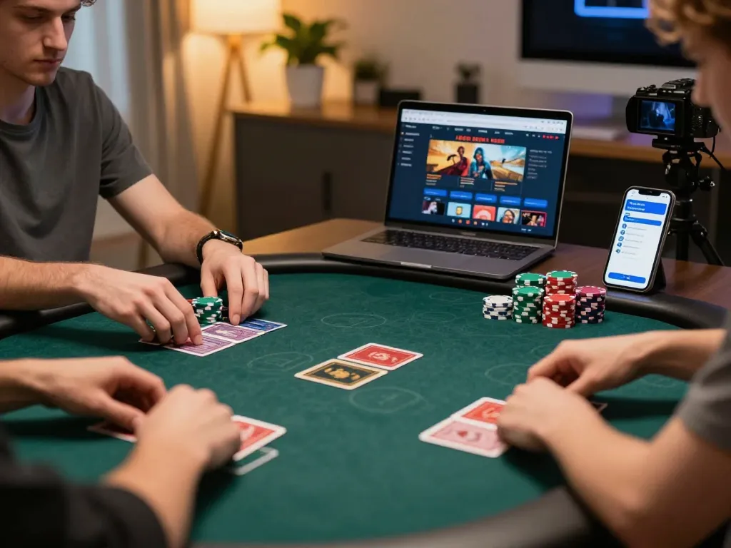 Players strategizing at an online poker game on shbet app in a cozy home office.