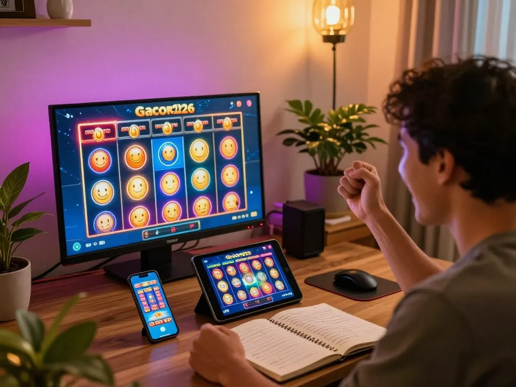 Player celebrating a win on an online slot-gacor2026 game in a cozy home setting.