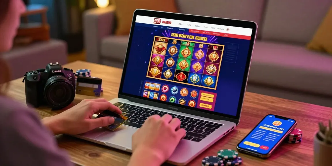 Engaging player using laptop in cozy home setting with casinos that accept credit cards, colorful slot games on screen.