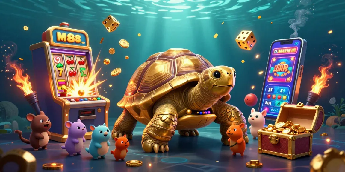 M88 link showcases a dynamic casino scene with a golden tortoise pinball machine, slot explosions, and joyous animals.
