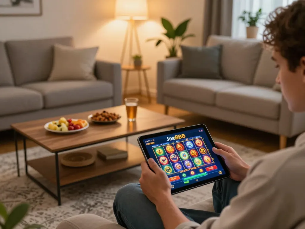 Player interacting with the jae888 casino app on a tablet, showcasing engaging gameplay in a cozy setting.