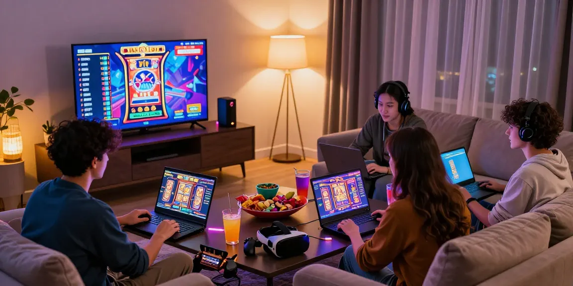 Friends enjoying an engaging gaming session with slot depo 5k online, showcasing colorful screens and snacks in a vibrant living room.