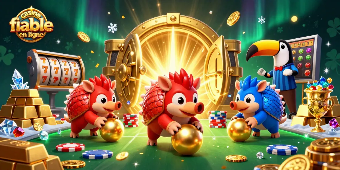 Jouer au casino fiable en ligne avec des pangolins en compétition, entouré de trésors scintillants.