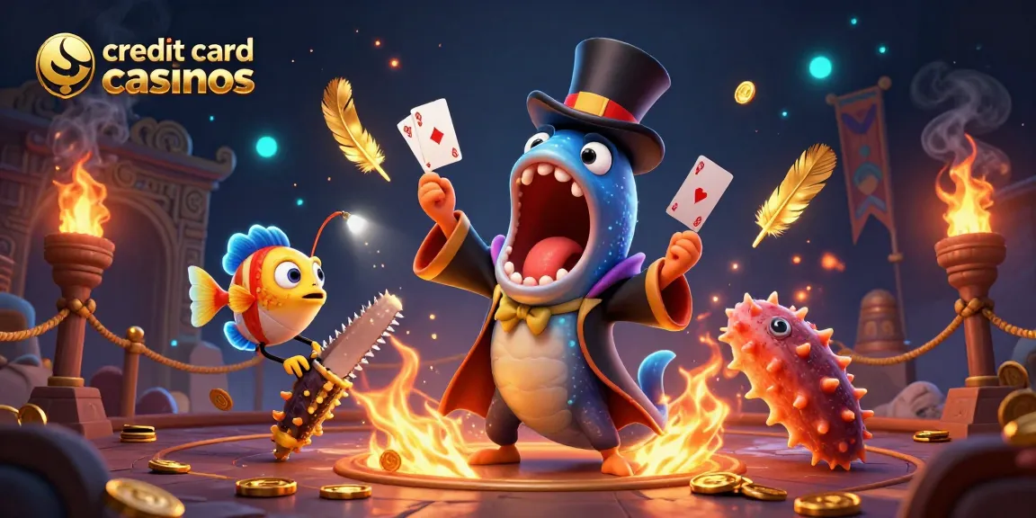 Engage in exciting credit card casinos with vibrant characters and a magic act in a dynamic scene.