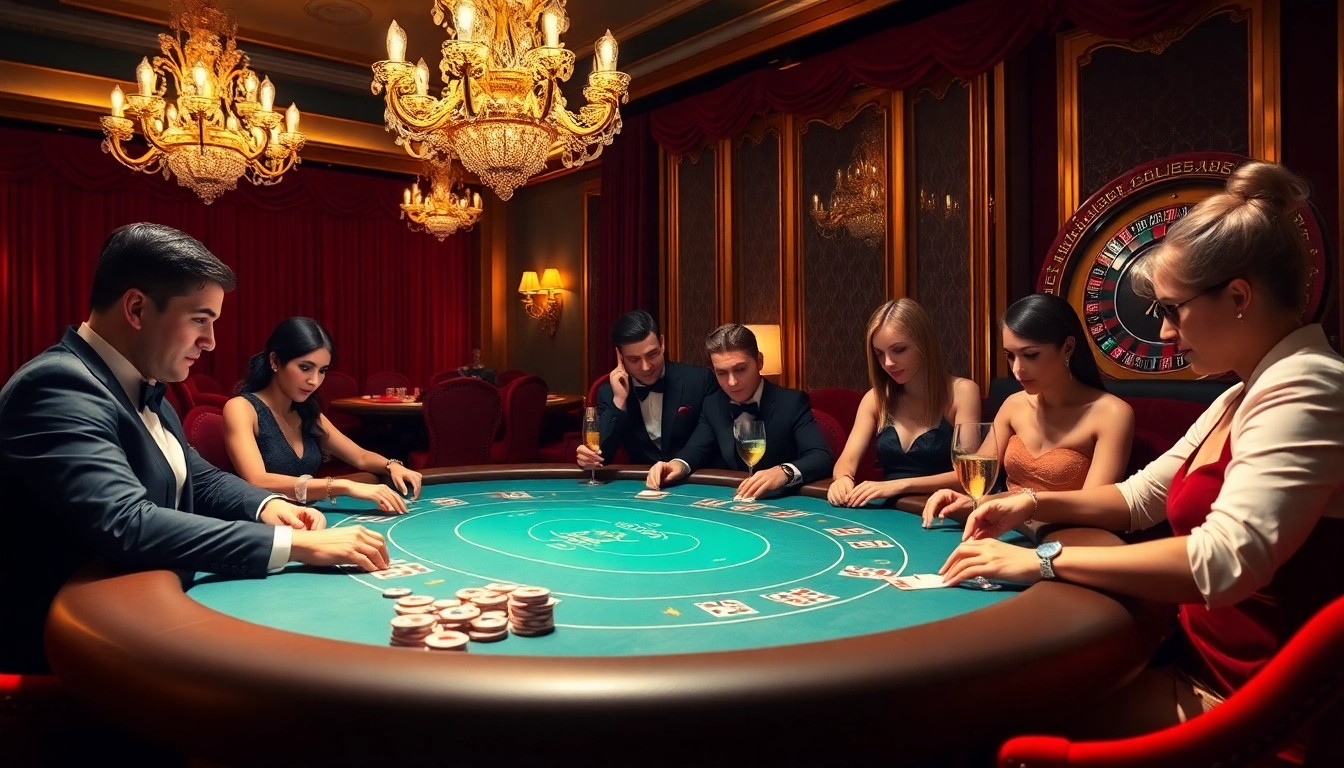 Découvrez l'excitation du meilleur casino en ligne avec des joueurs élégants autour d'une table de poker à enjeux élevés.