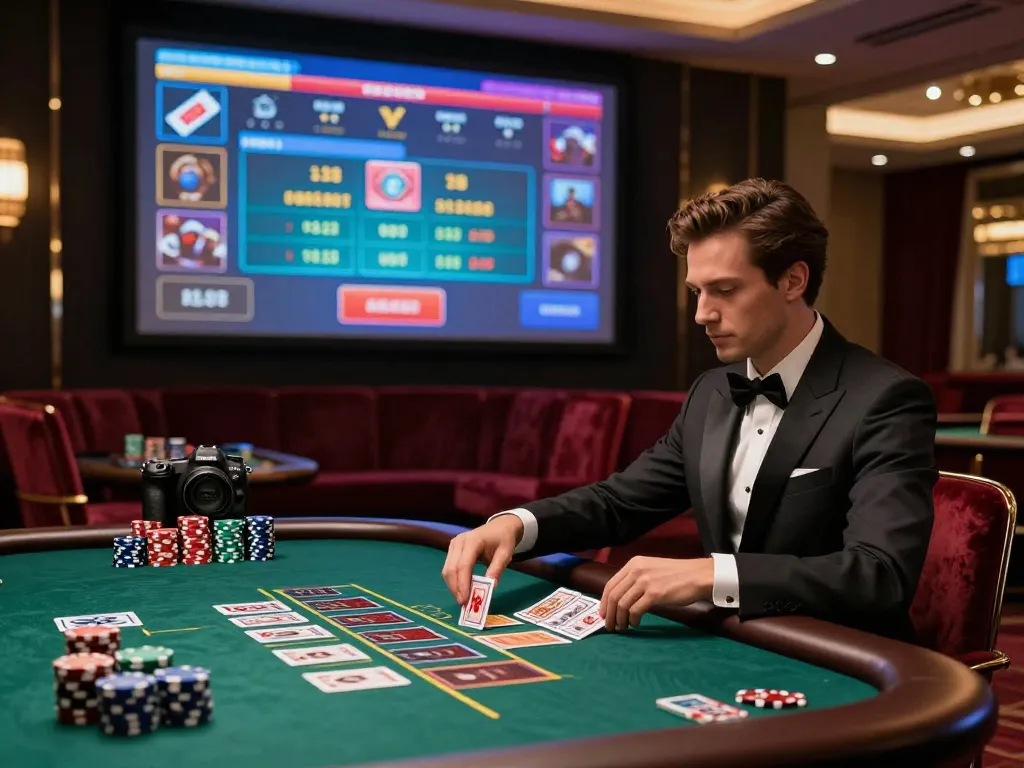 Engaging online baccarat game experience showcasing a professional player at a live dealer table, emphasizing the baccarat사이트 atmosphere.