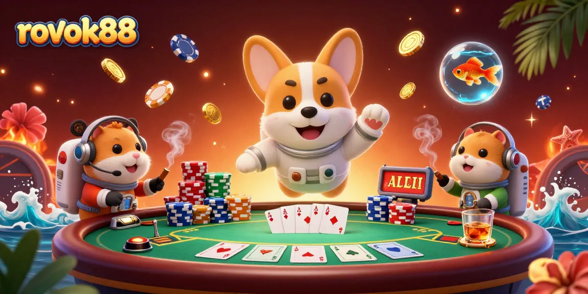 Engage with rokok88's space casino adventure featuring an astronaut corgi and vibrant poker elements.