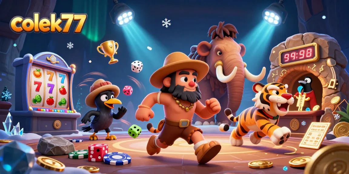 Catch winning chances at colek77 with a vibrant prehistoric casino scene showcasing adventurous characters.