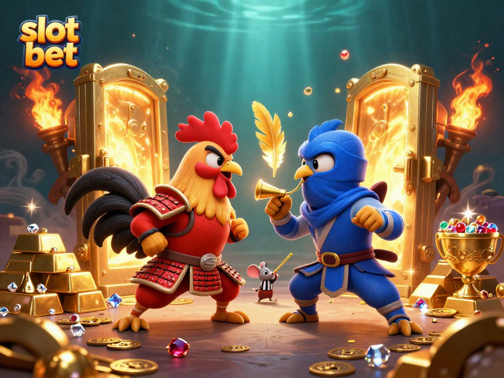 Slot bet yang menarik dengan ayam jantan pertempuran di arena perang melawan jackpot berkilau.