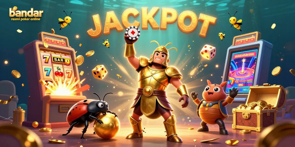 Experience the thrill of bandar resmi poker online with an exciting jackpot scene featuring animated characters and casino games.