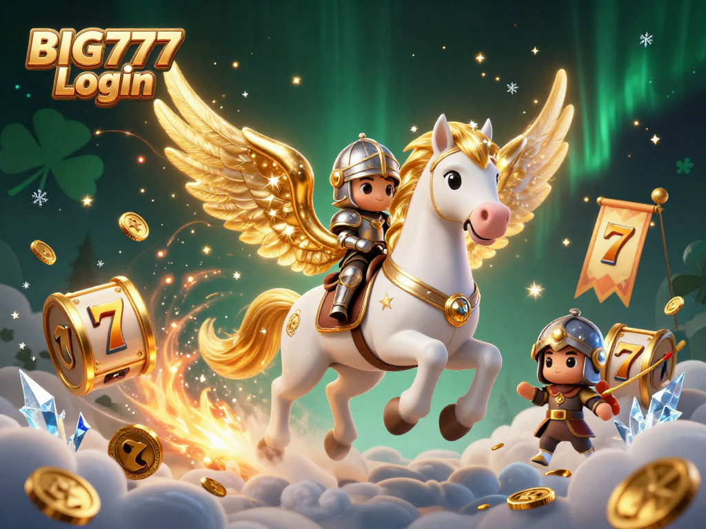 Bergabung dalam BIG777 Login dengan kuda putih bersayap emas berlari dan simbol slot yang bersinar