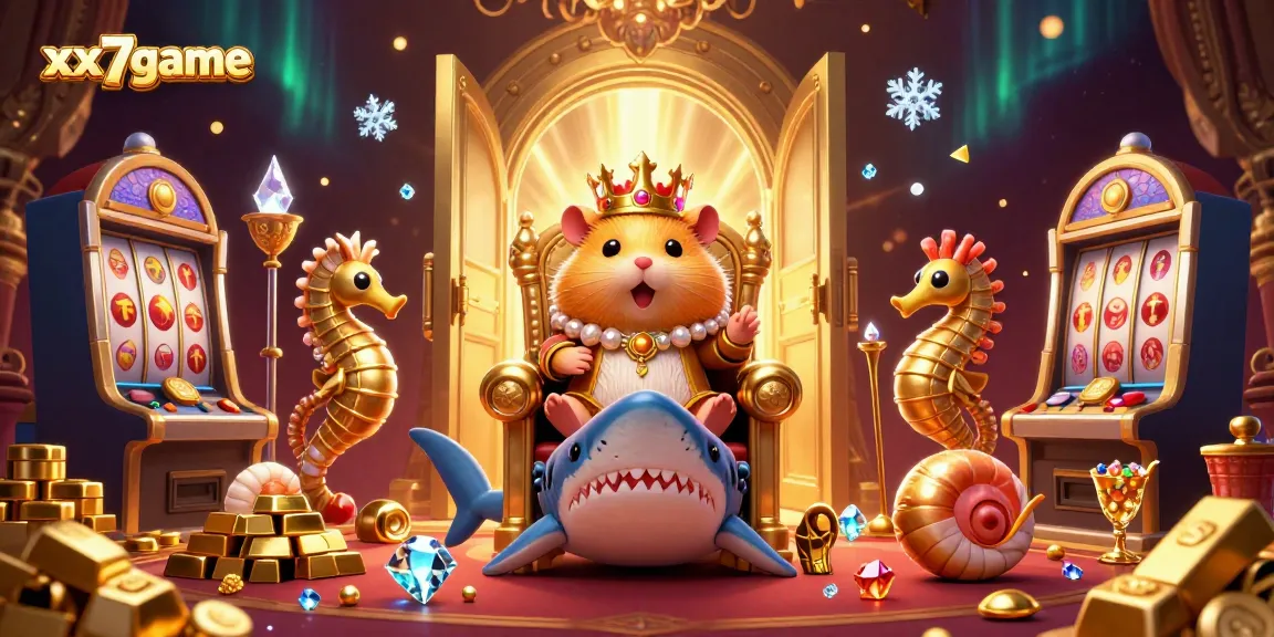 Engage with xx7game's thrilling slot machines, featuring a golden hamster king amidst treasures and vibrant graphics.