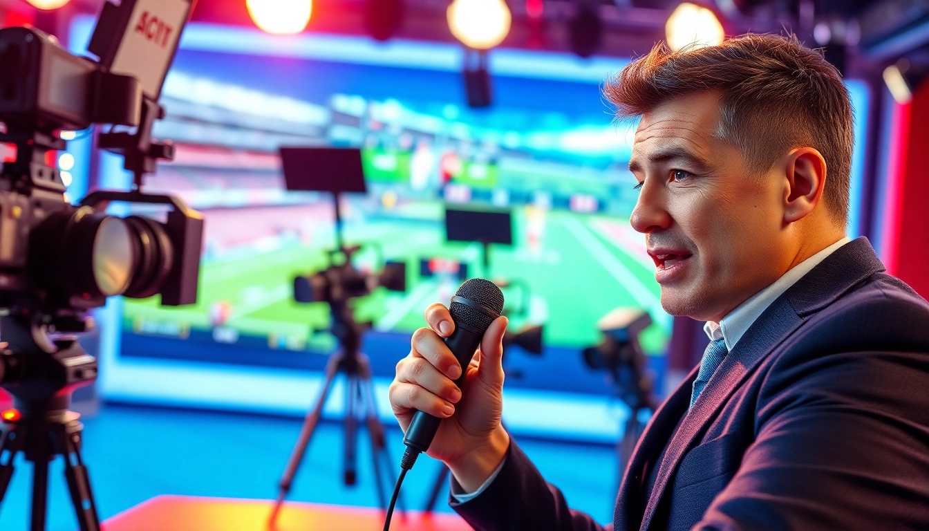 Sports Broadcasting studio with an engaging host presenting live highlights.