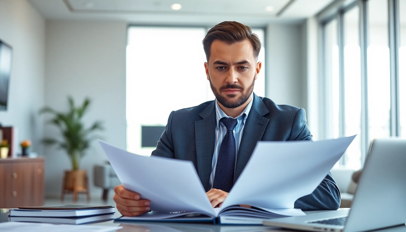 Truck accident attorney Clearwater analyzing case files in an elegant office.
