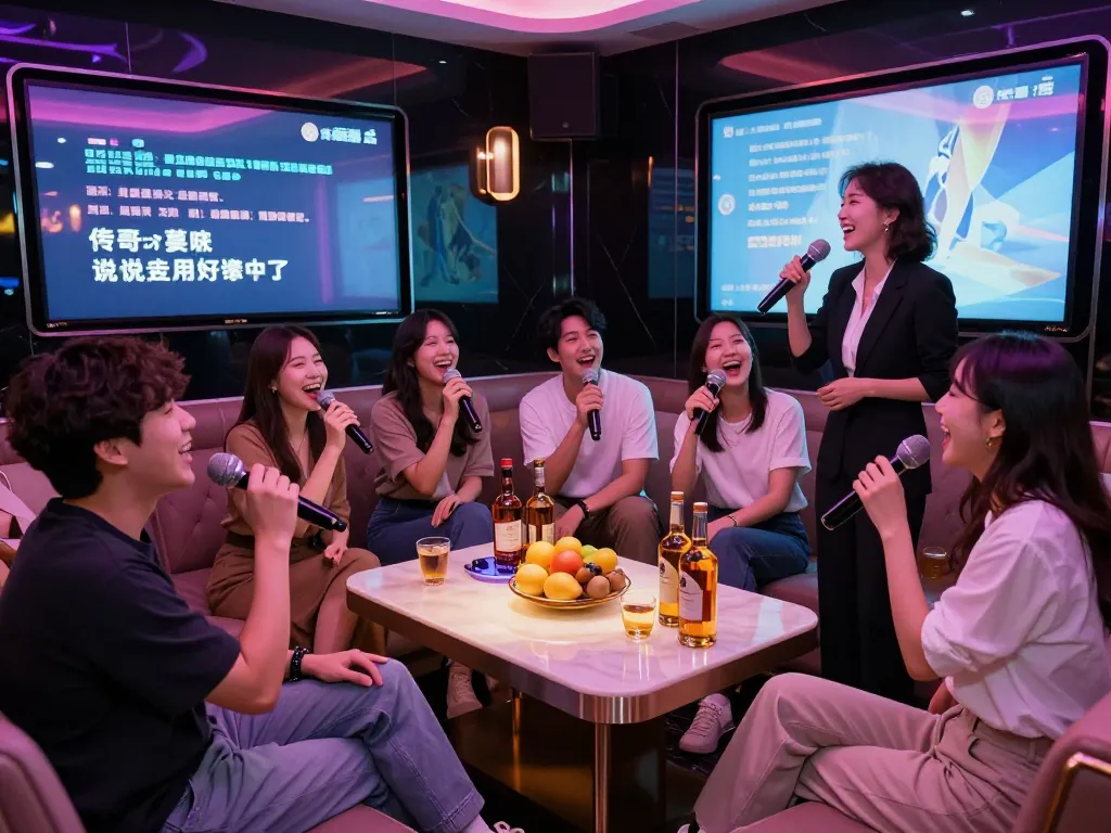 Exciting group enjoying karaoke at www.gangnamtune.com with vibrant decor, drinks, and lively atmosphere