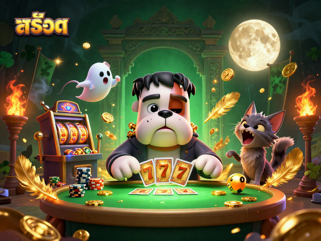 Engaging scene of a Frankenstein bulldog dealing cards with สล็อต game elements amidst gold coins and lucky symbols.