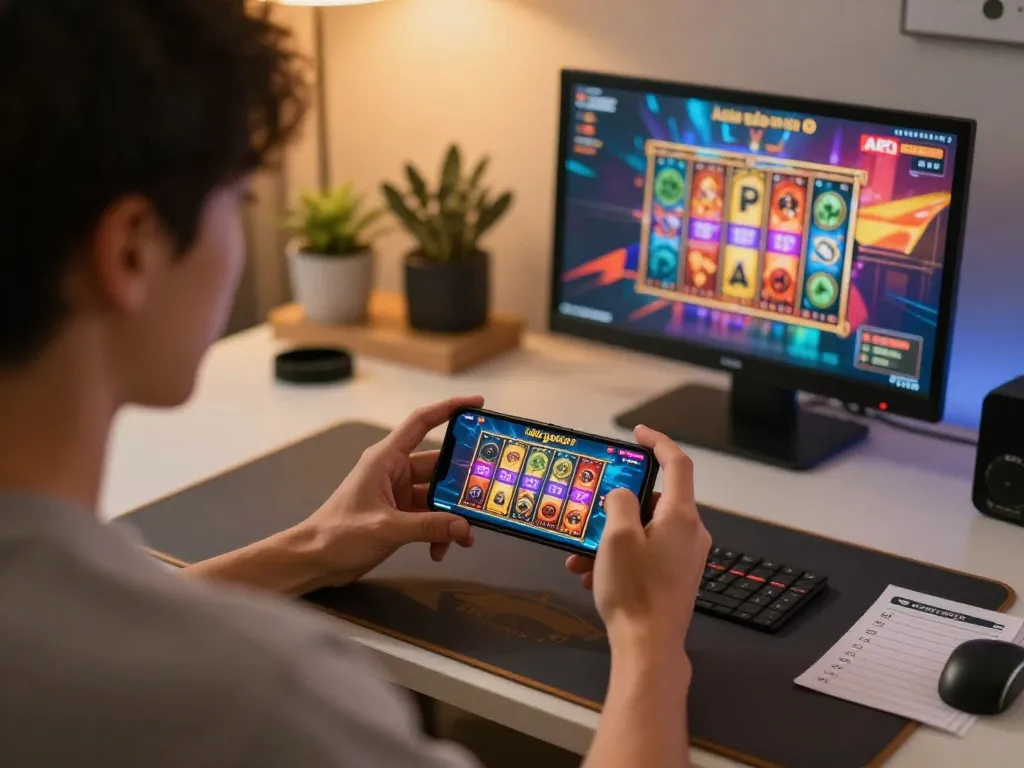 Play exciting games using apk gacor on smartphone, showcasing vibrant slot action in a cozy home setup