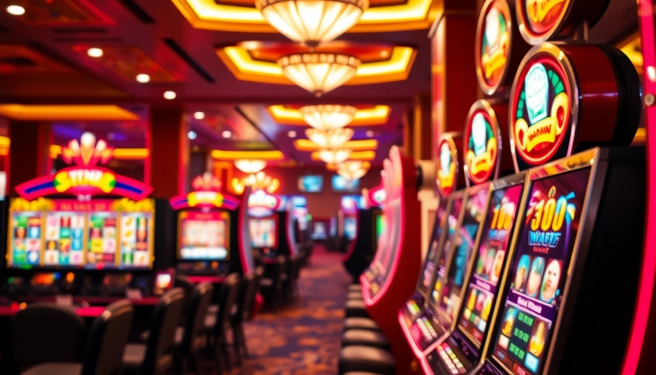 Jelajahi slot demo yang menarik dengan mesin slot berwarna dan suasana kasino di latar belakang.