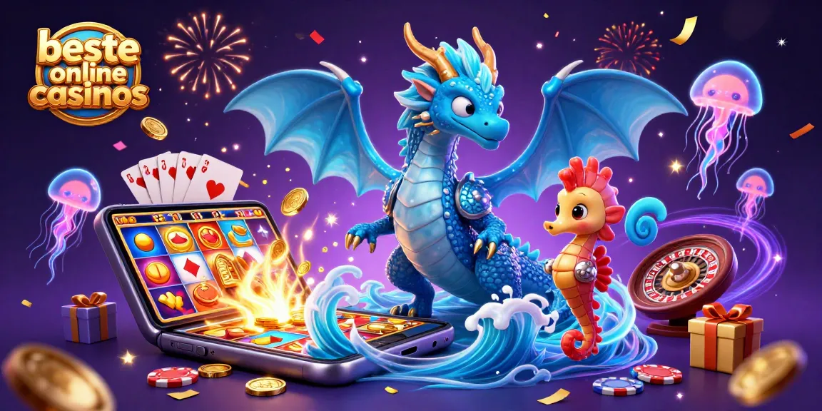 Experience the exhilarating action at beste online casinos with a lively dragon, knight, and jellyfish in a vibrant casino scene.