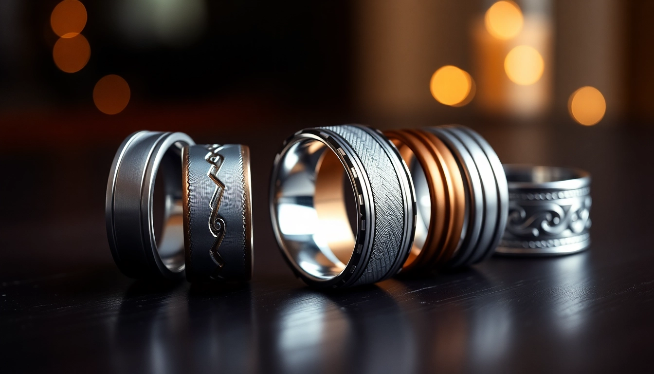 Showcasing elegant tungsten wedding bands with intricate designs and polished finishes.