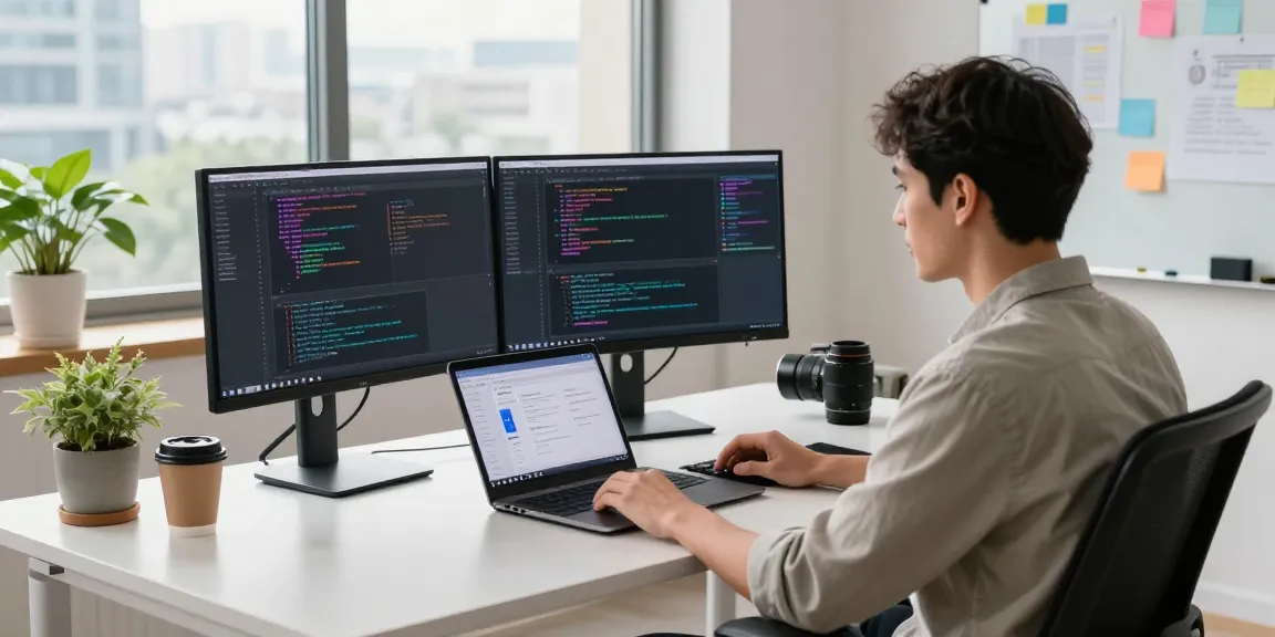 Developer coding the 纸飞机中文版 app in a bright office.
