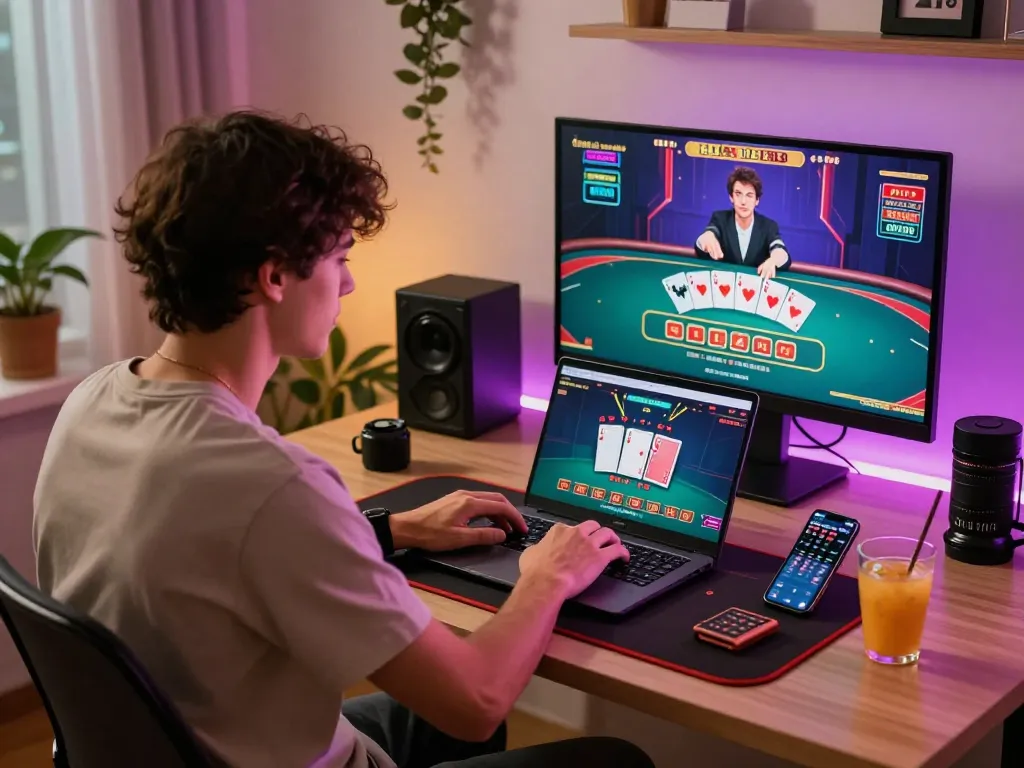 Engaging session of online baccarat gameplay at a stylish home office, showcasing the excitement of baccarat사이트 in 2026.