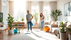 Cleaning service professionals organizing a living room with bright sunlight streaming in.