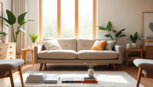 Stylish sofa bed UK in a cozy living room setting with warm lighting and inviting decor.