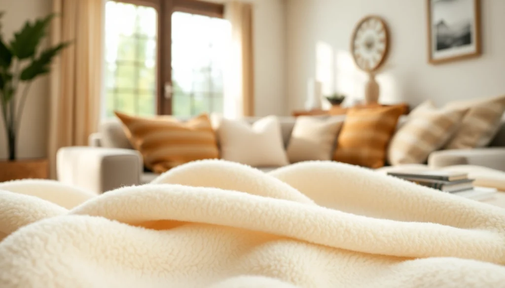 Fleece stof in een gezellige woonkamer met zachte texturen en warme kleuren.