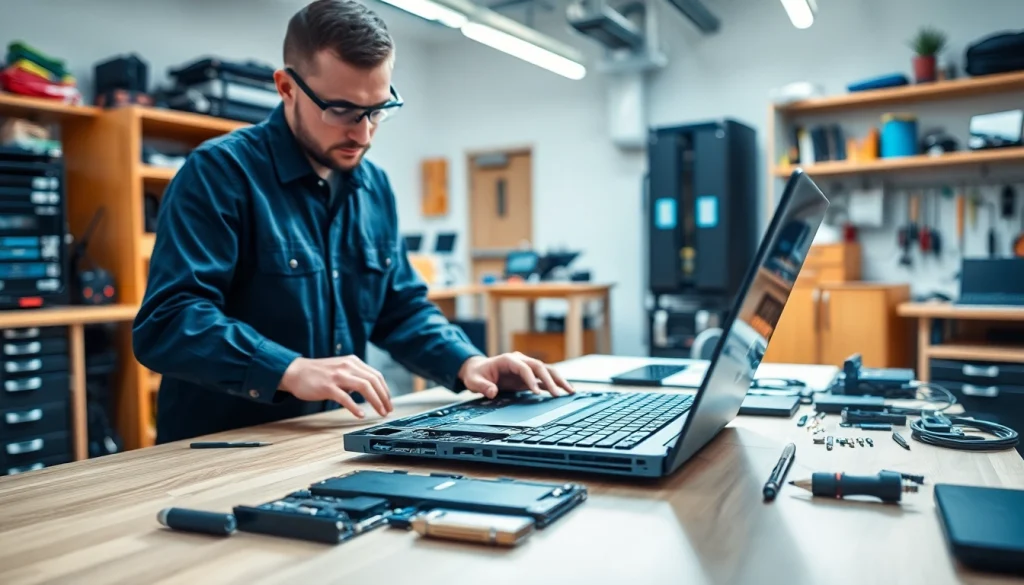 Providing professional computer service and repairs on a modern workstation with tools and tools.