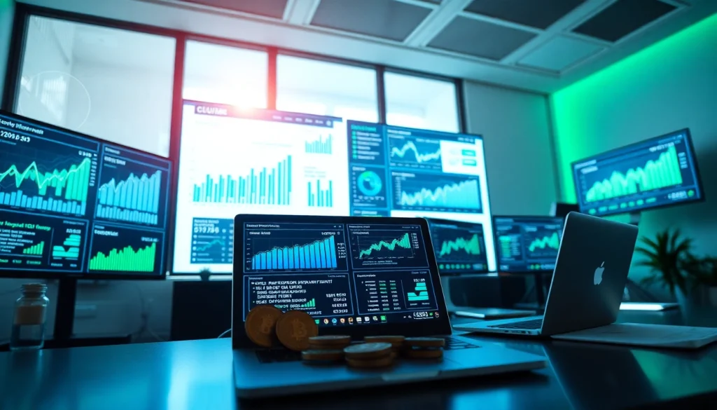 Engaging workspace illustrating cloud mining app performance with digital screens and analytics.