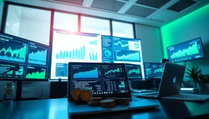 Engaging workspace illustrating cloud mining app performance with digital screens and analytics.