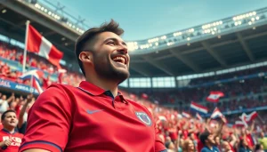 Cheerful fan showcasing discount football shirts in a vibrant stadium atmosphere.