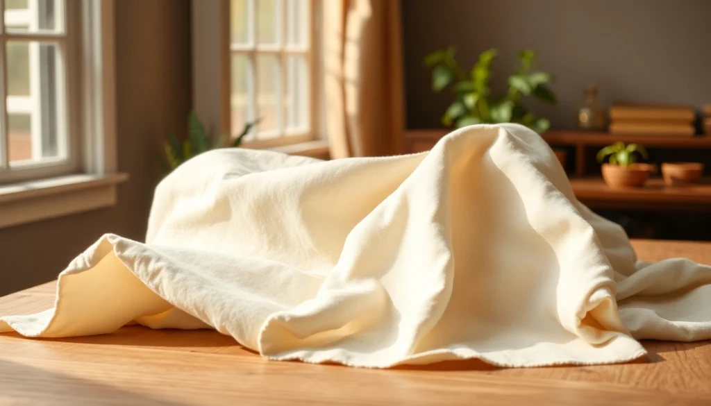 Bekijk het ongebleekt katoen dat elegant op een houten tafel ligt.