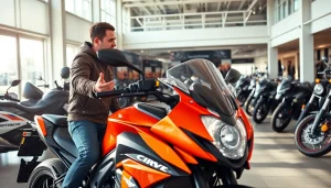 Motorrad fröhlich erleben in einem lebendigen Motorradgeschäft mit hübschen Modellen.