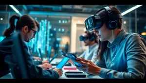 Engaging with advanced Technology devices in a modern, high-tech environment featuring digital innovation.