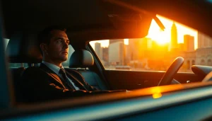 Experience Chauffeur Hire with a professional driver in a luxury vehicle against a city skyline.