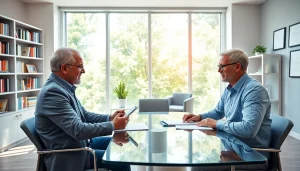 Engaged couple discussing retirement planning San Antonio with a financial advisor in a modern office.