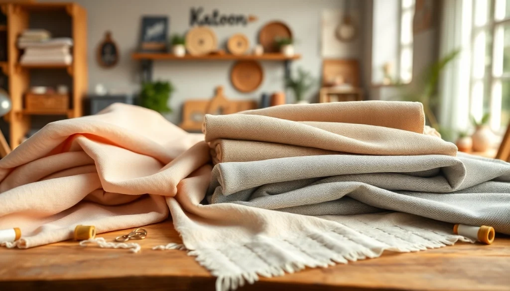 Katoen stoffen in verschillende texturen mooi gepresenteerd op een houten tafel.