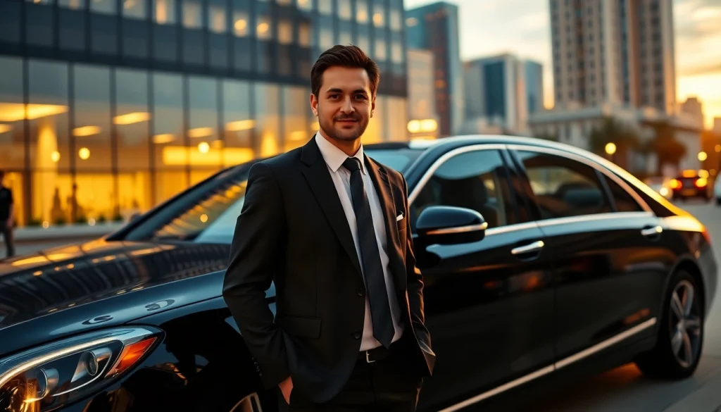 Chauffeur Hire service featuring a professional chauffeur next to a luxurious sedan.